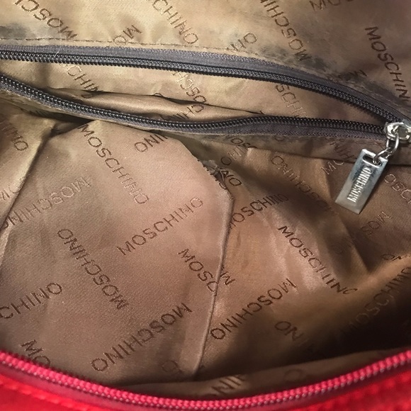 MOSCHINO Vintage 90s Nylon Leather Shoulder Bag Hobo Zipper Pocket Red Logo Tote - Picture 8 of 16
